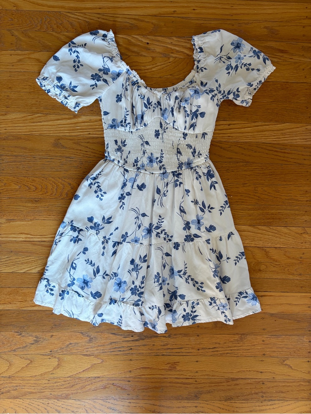 Hollister White Dress with Blue Floral Pattern and Smocked Waist